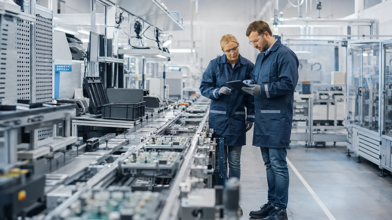 Industrial engineers validating an electronics production line