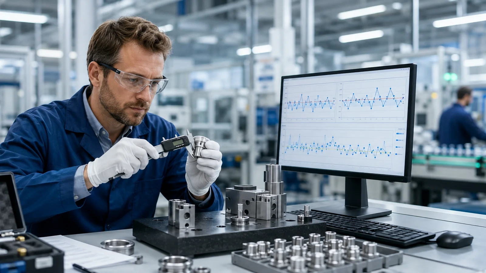 Quality engineer measuring a component beside statistical process control charts